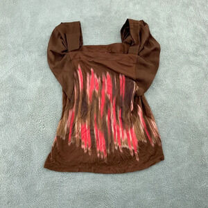 Anthropologie Womens Large Brown & Red Square Neck Blouse Sleeves NWT 2091